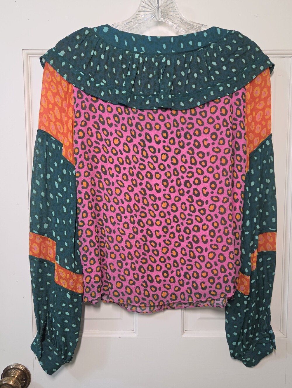 Farm Rio Colorful Patchwork Leopard Print Ruffle Top, Size XS - Picture 4 of 11